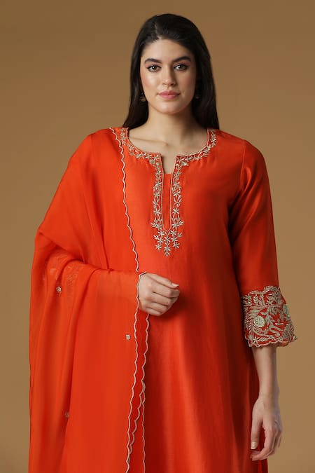 Buy_Ahlam_Orange Chanderi Silk Zari Notched Embroidered Kurta Set_Online_at_Aza_Fashions