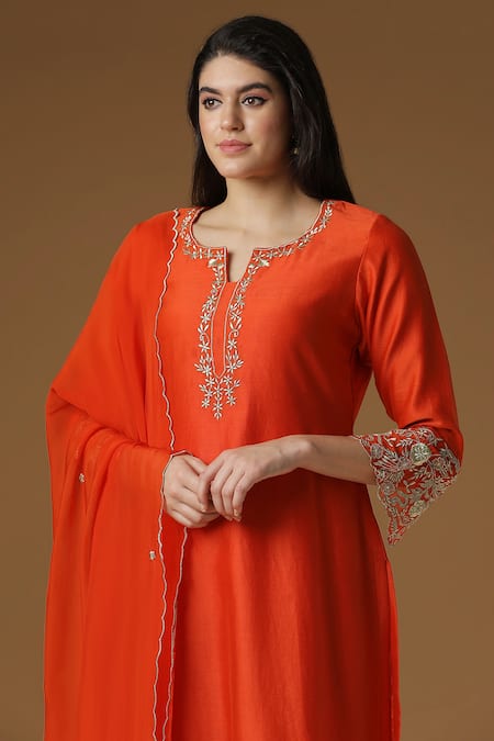Ahlam_Orange Chanderi Silk Zari Notched Embroidered Kurta Set_at_Aza_Fashions
