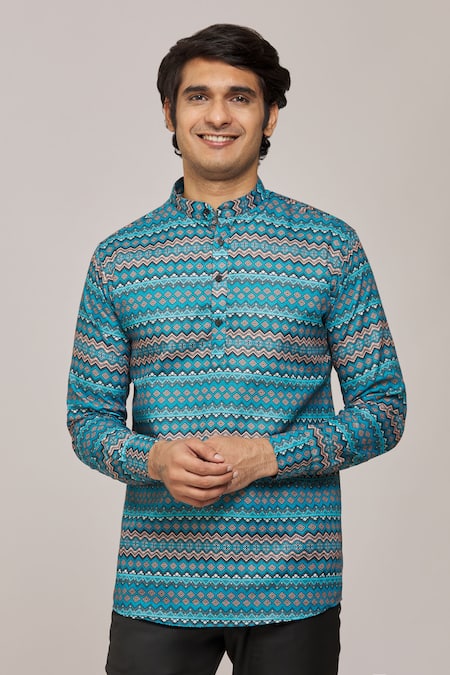 Arihant Rai Sinha Green Cotton Printed Geometric Patterns Mandarin Collar Shirt 