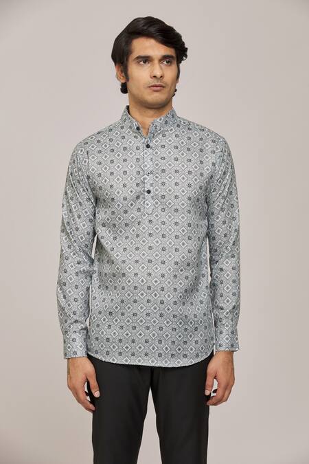 Aryavir Malhotra_Grey Cotton Tile Print Mandarin Collar Shirt_Online_at_Aza_Fashions