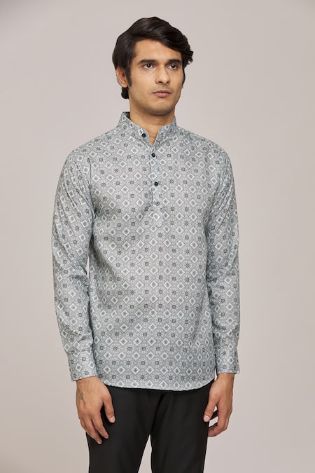 Buy_Aryavir Malhotra_Grey Cotton Tile Print Mandarin Collar Shirt_Online_at_Aza_Fashions