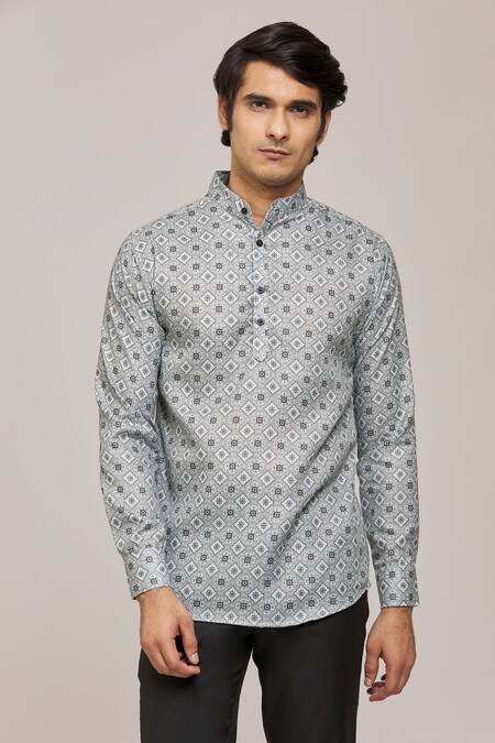 Shop_Aryavir Malhotra_Grey Cotton Tile Print Mandarin Collar Shirt_Online_at_Aza_Fashions