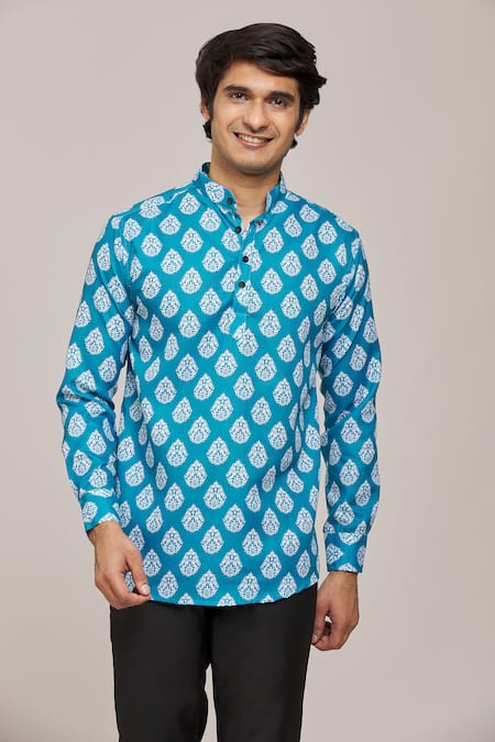 Arihant Rai Sinha Green Cotton Printed Floral Patterns Mandarin Collar Shirt 