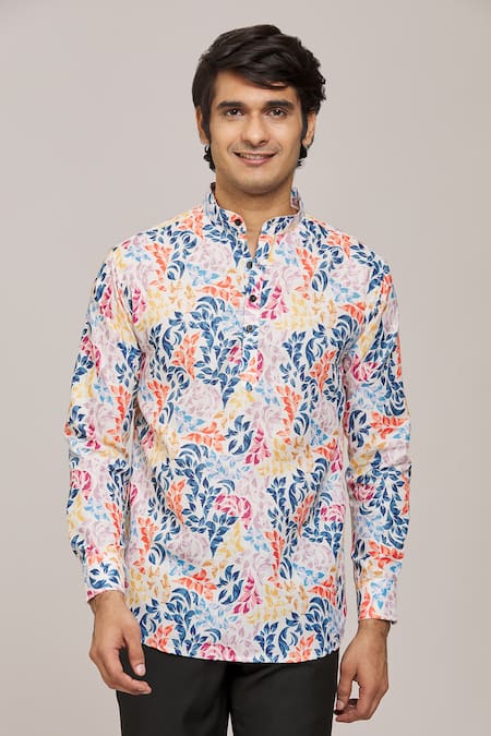 Arihant Rai Sinha Leaf Print Mandarin Collar Shirt 