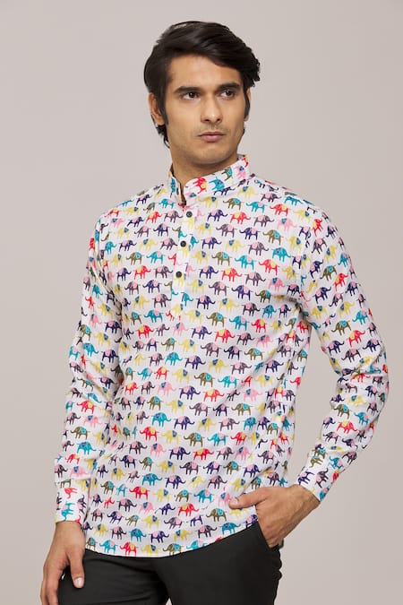 Arihant Rai Sinha Elephant Print Mandarin Collar Shirt 