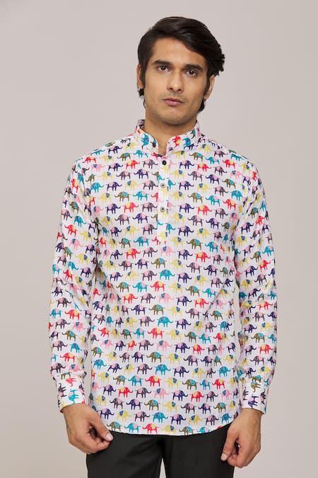 Aryavir Malhotra Multi Color Cotton Elephant Print Mandarin Collar Shirt Online at Aza Fashions Aryavir Malhotra_Multi Color Cotton Elephant Print Mandarin Collar Shirt _Online_at_Aza_Fashions