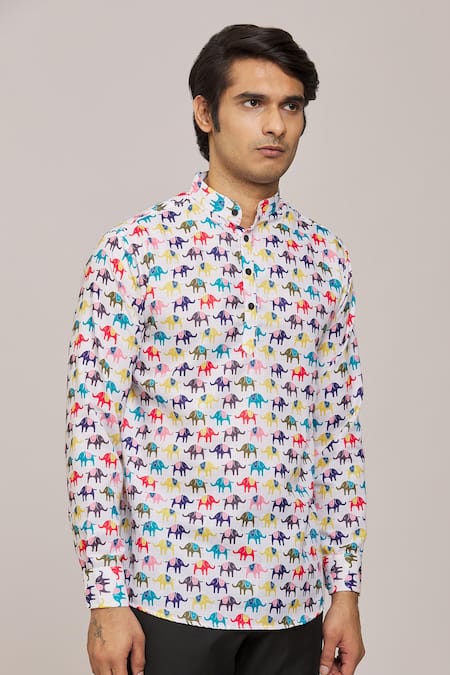Buy Aryavir Malhotra Multi Color Cotton Elephant Print Mandarin Collar Shirt Online at Aza Fashions Buy_Aryavir Malhotra_Multi Color Cotton Elephant Print Mandarin Collar Shirt _Online_at_Aza_Fashions