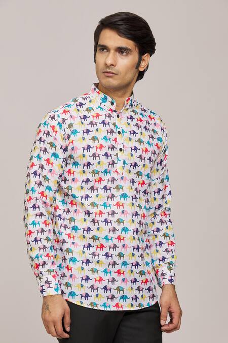 Shop Aryavir Malhotra Multi Color Cotton Elephant Print Mandarin Collar Shirt Online at Aza Fashions Shop_Aryavir Malhotra_Multi Color Cotton Elephant Print Mandarin Collar Shirt _Online_at_Aza_Fashions