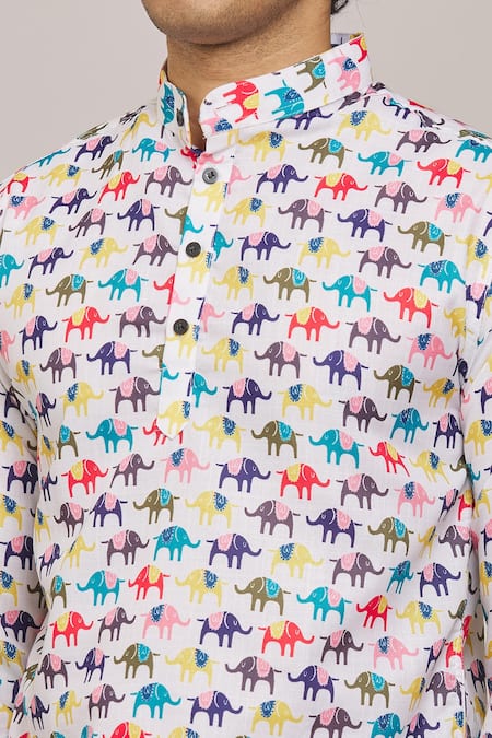 Aryavir Malhotra Multi Color Cotton Elephant Print Mandarin Collar Shirt at Aza Fashions Aryavir Malhotra_Multi Color Cotton Elephant Print Mandarin Collar Shirt _at_Aza_Fashions