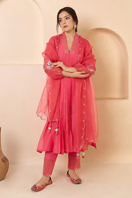 RADHA SHARMA Pink Chanderi Cotton Hand Embroidered Sequin V Front Pleated Kurta Set  