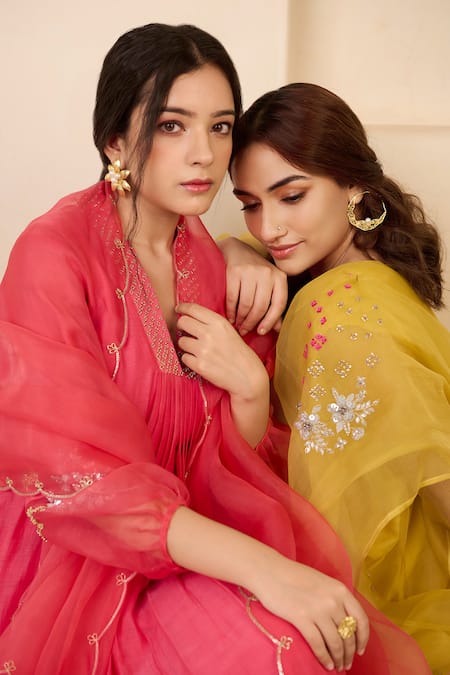 Shop Radha Sharma Pink Chanderi Cotton Hand Embroidered Sequin V Front Pleated Kurta Set Online at Aza Fashions Shop_Radha Sharma_Pink Chanderi Cotton Hand Embroidered Sequin V Front Pleated Kurta Set _Online_at_Aza_Fashions