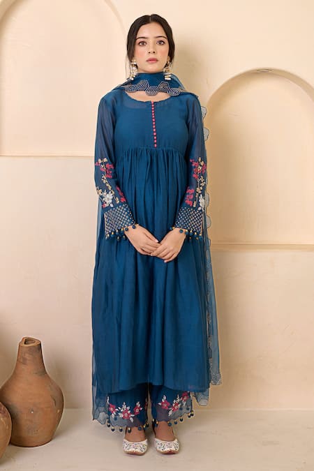 RADHA SHARMA Blue Chanderi Cotton Hand Work Gathered Anarkali Palazzo Set  