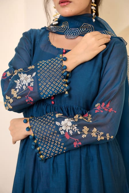 Radha Sharma_Blue Chanderi Cotton, Organza Sequins, Hand Work Gathered Anarkali Palazzo Set _Online_at_Aza_Fashions