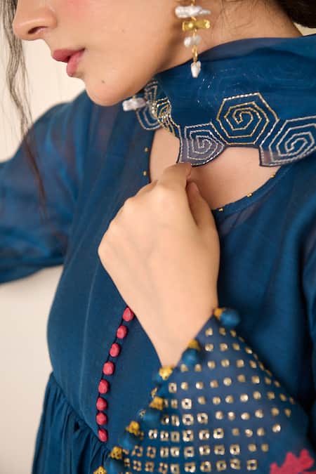 Buy_Radha Sharma_Blue Chanderi Cotton, Organza Sequins, Hand Work Gathered Anarkali Palazzo Set _Online_at_Aza_Fashions