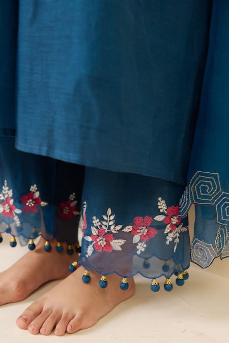 Shop_Radha Sharma_Blue Chanderi Cotton, Organza Sequins, Hand Work Gathered Anarkali Palazzo Set _Online_at_Aza_Fashions
