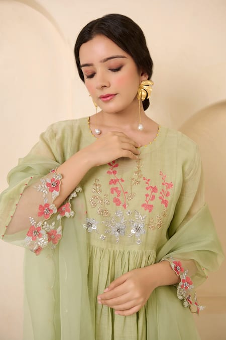 Radha Sharma Green Chanderi Cotton, Organza Cut Work, Sequins, Front Gathered Kurta Set Online at Aza Fashions Radha Sharma_Green Chanderi Cotton, Organza Cut Work, Sequins, Front Gathered Kurta Set _Online_at_Aza_Fashions