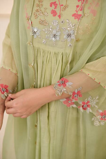 Buy Radha Sharma Green Chanderi Cotton, Organza Cut Work, Sequins, Front Gathered Kurta Set Online at Aza Fashions Buy_Radha Sharma_Green Chanderi Cotton, Organza Cut Work, Sequins, Front Gathered Kurta Set _Online_at_Aza_Fashions