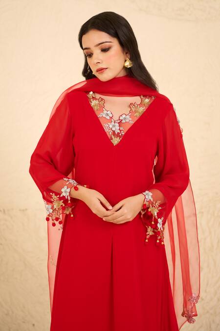 Radha Sharma Red Georgette, Crepe, Organza Sequins, Embroidery V-neck Straight Kurta Pant Set Online at Aza Fashions Radha Sharma_Red Georgette, Crepe, Organza Sequins, Embroidery V-neck Straight Kurta Pant Set _Online_at_Aza_Fashions