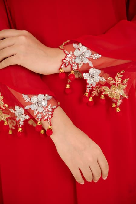 Radha Sharma Red Georgette, Crepe, Organza Sequins, Embroidery V-neck Straight Kurta Pant Set at Aza Fashions Radha Sharma_Red Georgette, Crepe, Organza Sequins, Embroidery V-neck Straight Kurta Pant Set _at_Aza_Fashions