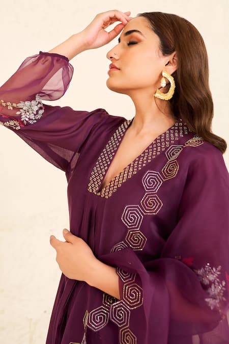 Buy_Radha Sharma_Pink Chanderi Cotton, Organza Sequins, Hand Work Pleated Kurta Pant Set _Online_at_Aza_Fashions