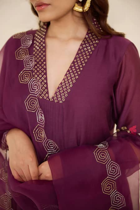 Shop_Radha Sharma_Pink Chanderi Cotton, Organza Sequins, Hand Work Pleated Kurta Pant Set _Online_at_Aza_Fashions