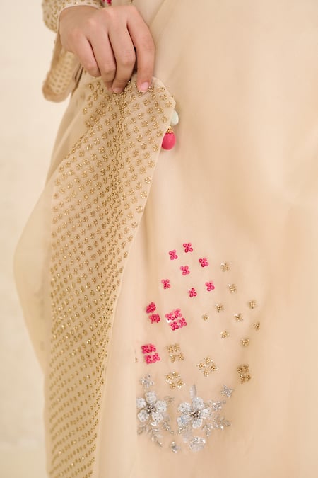 Buy_Radha Sharma_Beige Georgette, Crepe, Organza Sequins, Embroidery Hand Straight Kurta Set _Online_at_Aza_Fashions