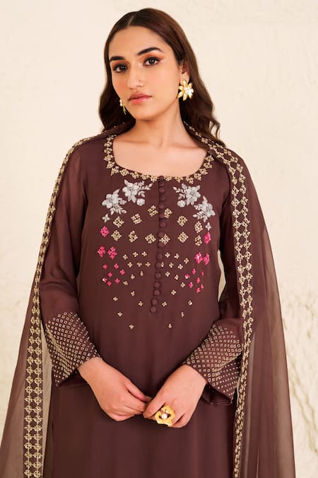 Radha Sharma_Brown Georgette, Crepe, Organza Sequins, Hand Yoke Straight Kurta Set _Online_at_Aza_Fashions