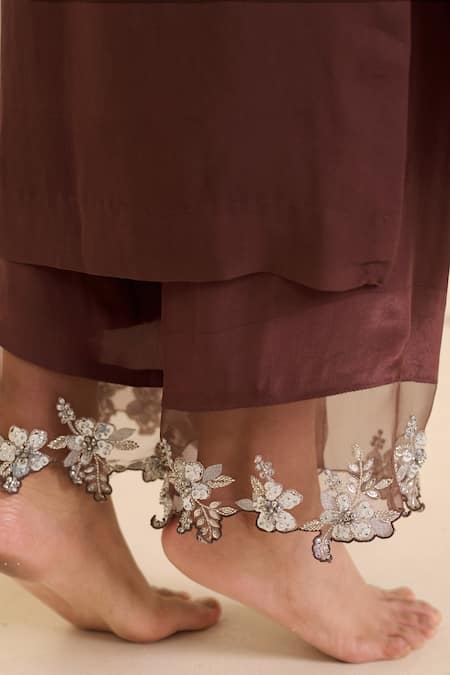 Radha Sharma_Brown Georgette, Crepe, Organza Sequins, Hand Yoke Straight Kurta Set _at_Aza_Fashions