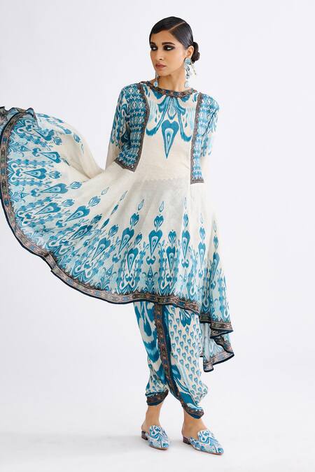 Buy Rajdeep Ranawat Blue Silk Beads Round Neck Aamilah Printed Panelled Tunic Online at Aza Fashions Buy_Rajdeep Ranawat_Blue Silk Beads Round Neck Aamilah Printed Panelled Tunic_Online_at_Aza_Fashions