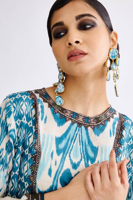 Shop Rajdeep Ranawat Blue Silk Beads Round Neck Aamilah Printed Panelled Tunic Online at Aza Fashions Shop_Rajdeep Ranawat_Blue Silk Beads Round Neck Aamilah Printed Panelled Tunic_Online_at_Aza_Fashions