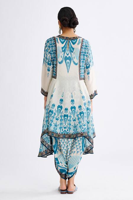 Shop Rajdeep Ranawat Blue Silk Beads Round Neck Aamilah Printed Panelled Tunic at Aza Fashions Shop_Rajdeep Ranawat_Blue Silk Beads Round Neck Aamilah Printed Panelled Tunic_at_Aza_Fashions