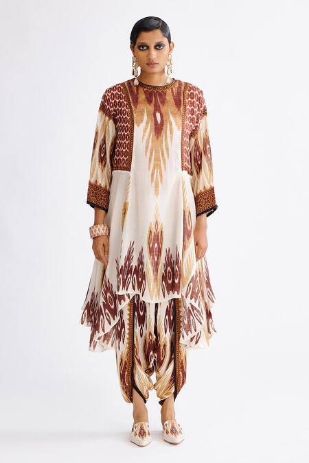 Rajdeep Ranawat Brown Silk Beads Round Neck Aamilah Printed Asymmetric Tunic Online at Aza Fashions Rajdeep Ranawat_Brown Silk Beads Round Neck Aamilah Printed Asymmetric Tunic_Online_at_Aza_Fashions