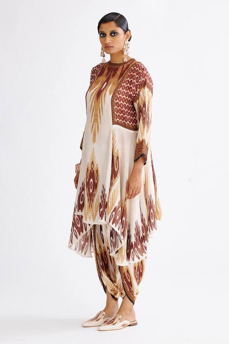 Shop_Rajdeep Ranawat_Brown Satin Sonth Printed Dhoti Pant_Online_at_Aza_Fashions