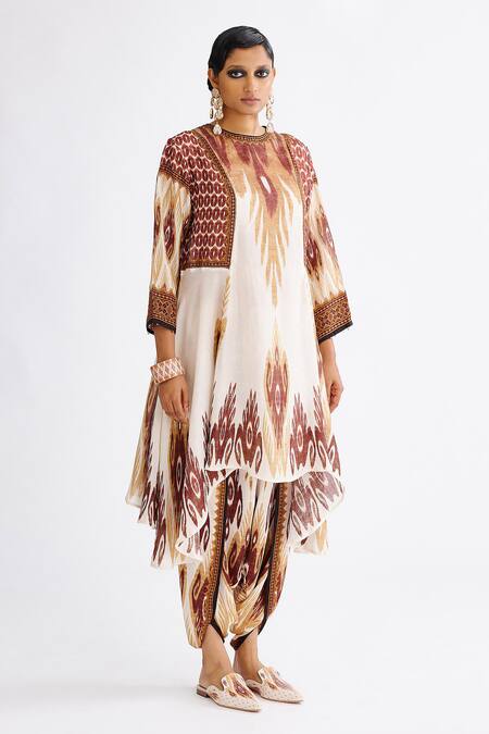 Rajdeep Ranawat_Brown Satin Sonth Printed Dhoti Pant_at_Aza_Fashions