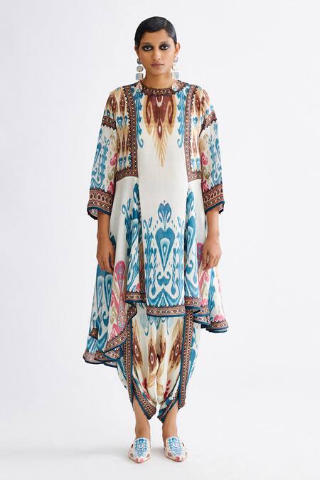 Rajdeep Ranawat Multi Color Silk Beads Round Neck Aamilah Printed Asymmetric Tunic Online at Aza Fashions Rajdeep Ranawat_Multi Color Silk Beads Round Neck Aamilah Printed Asymmetric Tunic_Online_at_Aza_Fashions