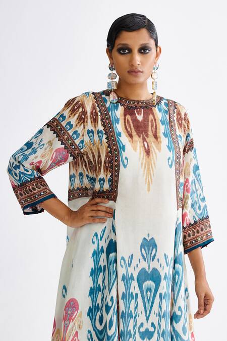Shop Rajdeep Ranawat Multi Color Silk Beads Round Neck Aamilah Printed Asymmetric Tunic Online at Aza Fashions Shop_Rajdeep Ranawat_Multi Color Silk Beads Round Neck Aamilah Printed Asymmetric Tunic_Online_at_Aza_Fashions