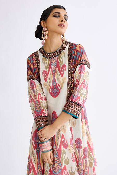 Shop Rajdeep Ranawat Pink Silk Beads Round Neck Aamilah Abstract Print Panelled Tunic Online at Aza Fashions Shop_Rajdeep Ranawat_Pink Silk Beads Round Neck Aamilah Abstract Print Panelled Tunic_Online_at_Aza_Fashions