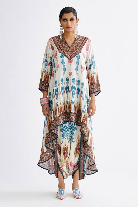 Rajdeep Ranawat Multi Color Silk Beads V-neck Aarvi Asymmetric Printed Tunic Online at Aza Fashions Rajdeep Ranawat_Multi Color Silk Beads V-neck Aarvi Asymmetric Printed Tunic_Online_at_Aza_Fashions