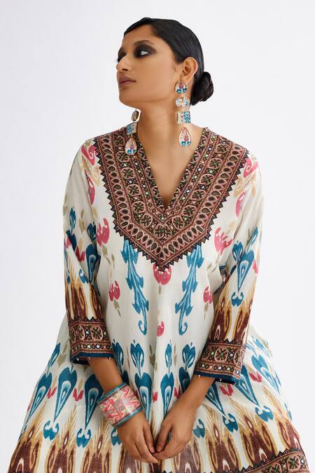 Shop Rajdeep Ranawat Multi Color Silk Beads V-neck Aarvi Asymmetric Printed Tunic Online at Aza Fashions Shop_Rajdeep Ranawat_Multi Color Silk Beads V-neck Aarvi Asymmetric Printed Tunic_Online_at_Aza_Fashions