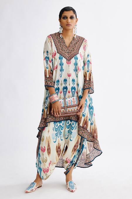 Rajdeep Ranawat Multi Color Silk Beads V-neck Aarvi Asymmetric Printed Tunic at Aza Fashions Rajdeep Ranawat_Multi Color Silk Beads V-neck Aarvi Asymmetric Printed Tunic_at_Aza_Fashions