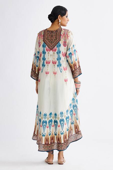 Shop Rajdeep Ranawat Multi Color Silk Beads V-neck Aarvi Asymmetric Printed Tunic at Aza Fashions Shop_Rajdeep Ranawat_Multi Color Silk Beads V-neck Aarvi Asymmetric Printed Tunic_at_Aza_Fashions