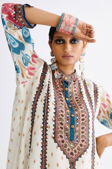 Shop Rajdeep Ranawat Multi Color Silk Beads Bandeau Neck Ada Printed Anarkali Tunic Online at Aza Fashions Shop_Rajdeep Ranawat_Multi Color Silk Beads Bandeau Neck Ada Printed Anarkali Tunic_Online_at_Aza_Fashions