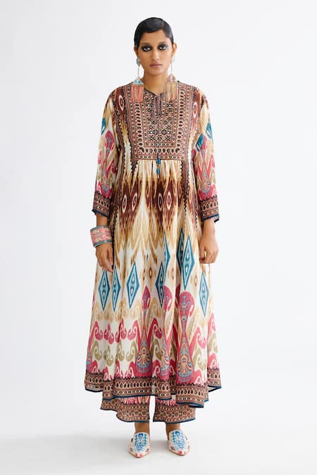 Rajdeep Ranawat_Multi Color Silk Beads Split V-neck Anisha Printed Anarkali_Online_at_Aza_Fashions