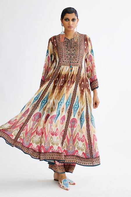 Buy_Rajdeep Ranawat_Multi Color Silk Beads Split V-neck Anisha Printed Anarkali_Online_at_Aza_Fashions