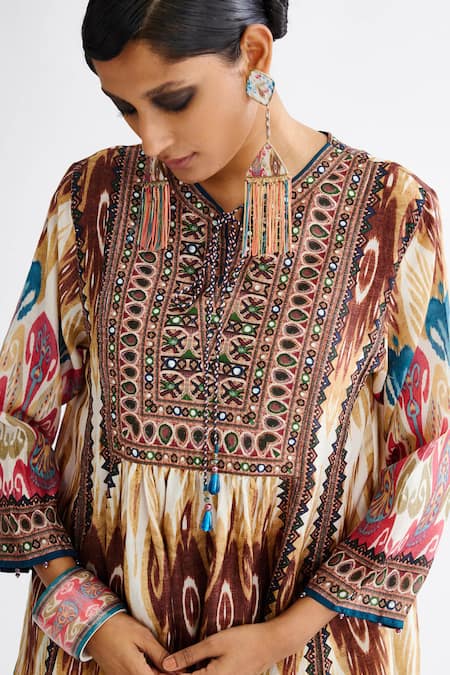 Rajdeep Ranawat_Multi Color Silk Beads Split V-neck Anisha Printed Anarkali_at_Aza_Fashions