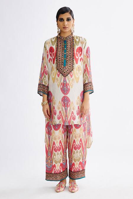 Rajdeep Ranawat_Pink Satin Permaz Printed Straight Pant_Online_at_Aza_Fashions
