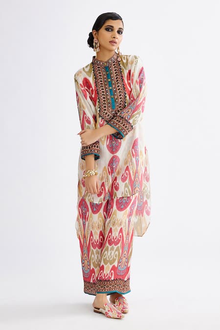 Shop_Rajdeep Ranawat_Pink Satin Permaz Printed Straight Pant_Online_at_Aza_Fashions