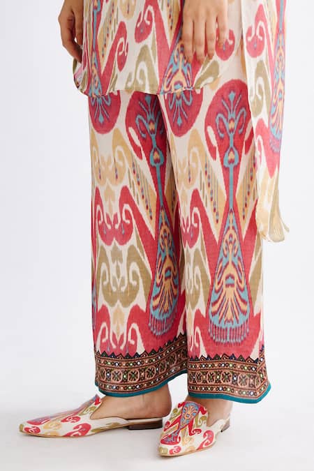 Rajdeep Ranawat_Pink Satin Permaz Printed Straight Pant_at_Aza_Fashions
