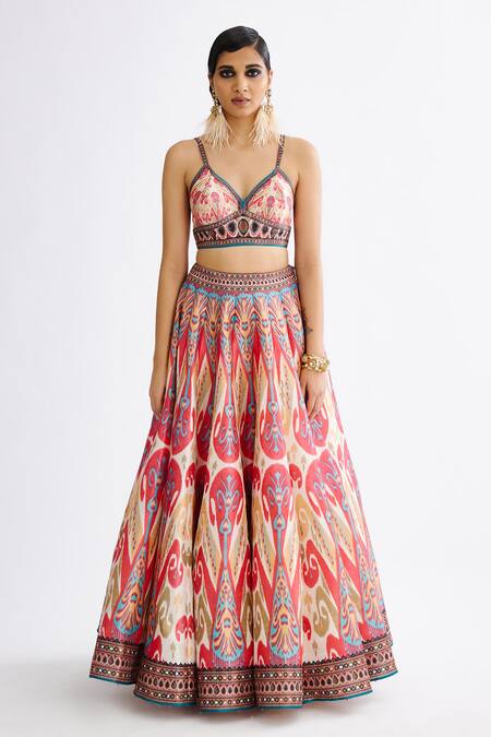 Rajdeep Ranawat_Pink Organza, Denim Tassels Plunge Neck Printed Skirt Set With Cape_Online_at_Aza_Fashions