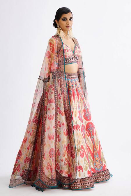Shop_Rajdeep Ranawat_Pink Organza, Denim Tassels Plunge Neck Printed Skirt Set With Cape_Online_at_Aza_Fashions
